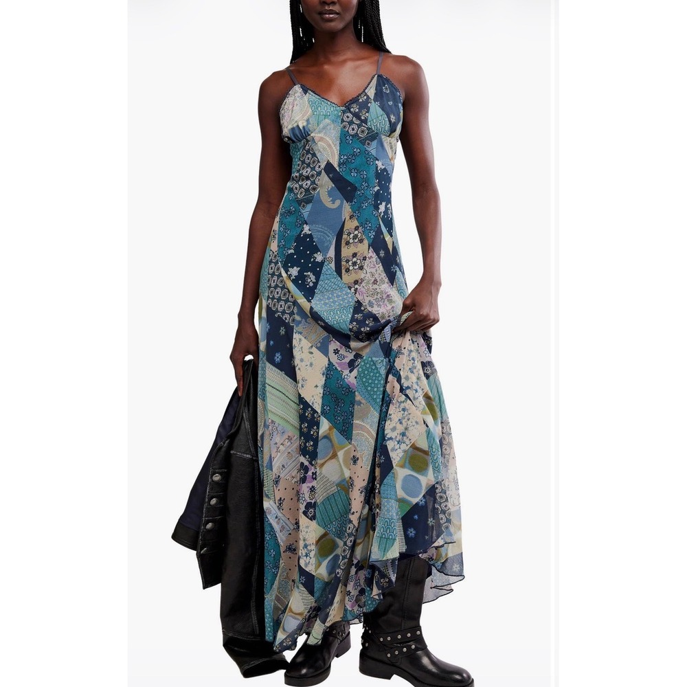 Free People tis the season Maxi Dress Blue Patchwork Boho V-Neck Tie Back